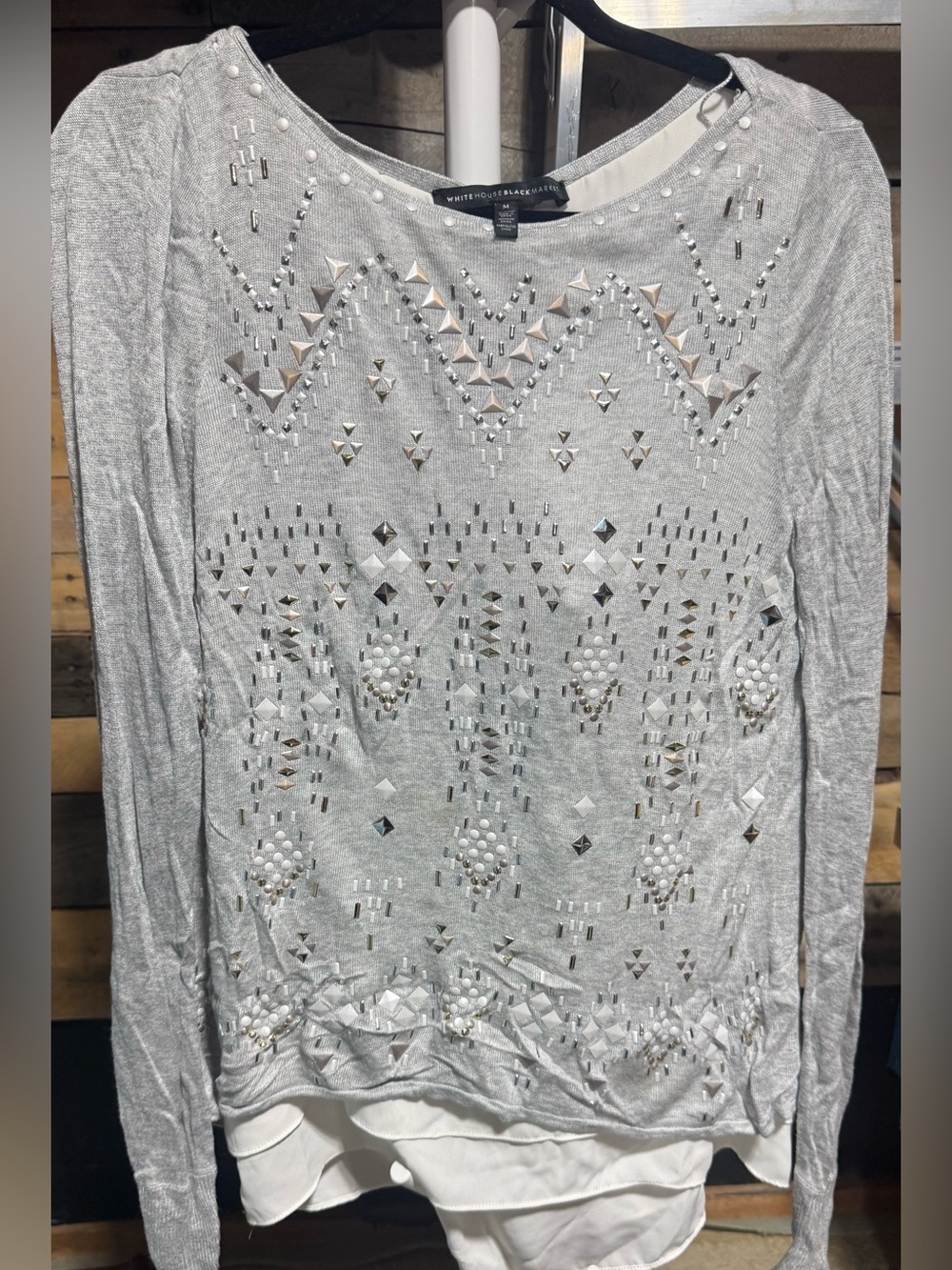 White House Black Market Silver-Gray Embellished Long Sleeve Sweater Medium